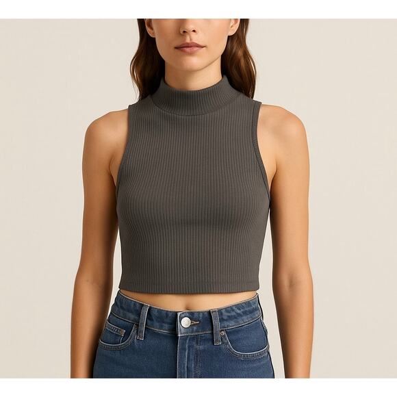 Zara Gray Ribbed Mock Neck Crop Tank Top XS/S High Neck Sleeveless - Picture 1 of 6